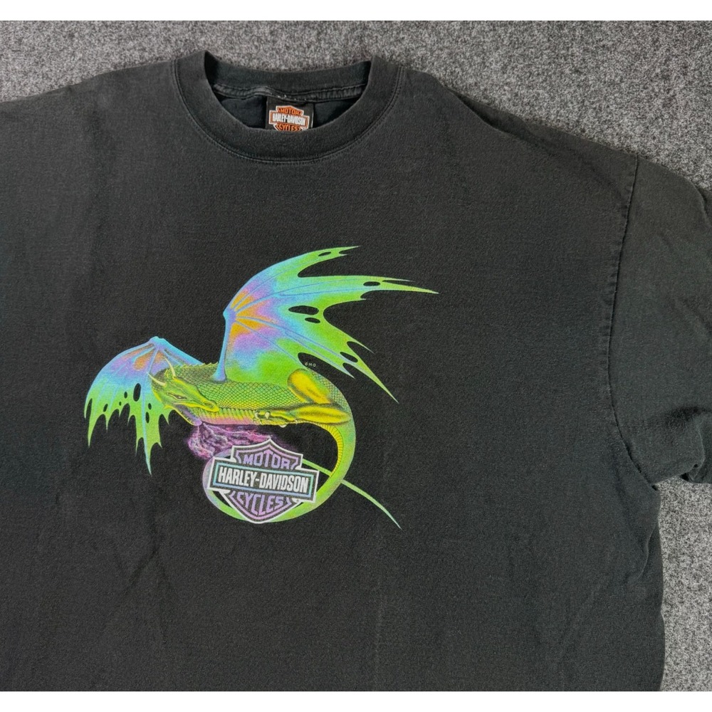 Vintage 90s Harley Davidson Green Tie Dye Winged Dragon T Shirt Mens Size 2XL
